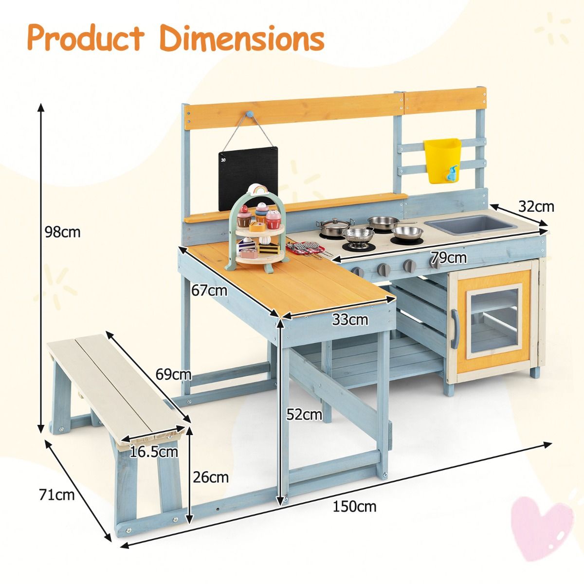Coast Speelkeuken voor kinderen - 2-in-1 speelkeuken en eethoek - met opbergruimte en accessoires - grijs - 150 x 71 x 99 cm