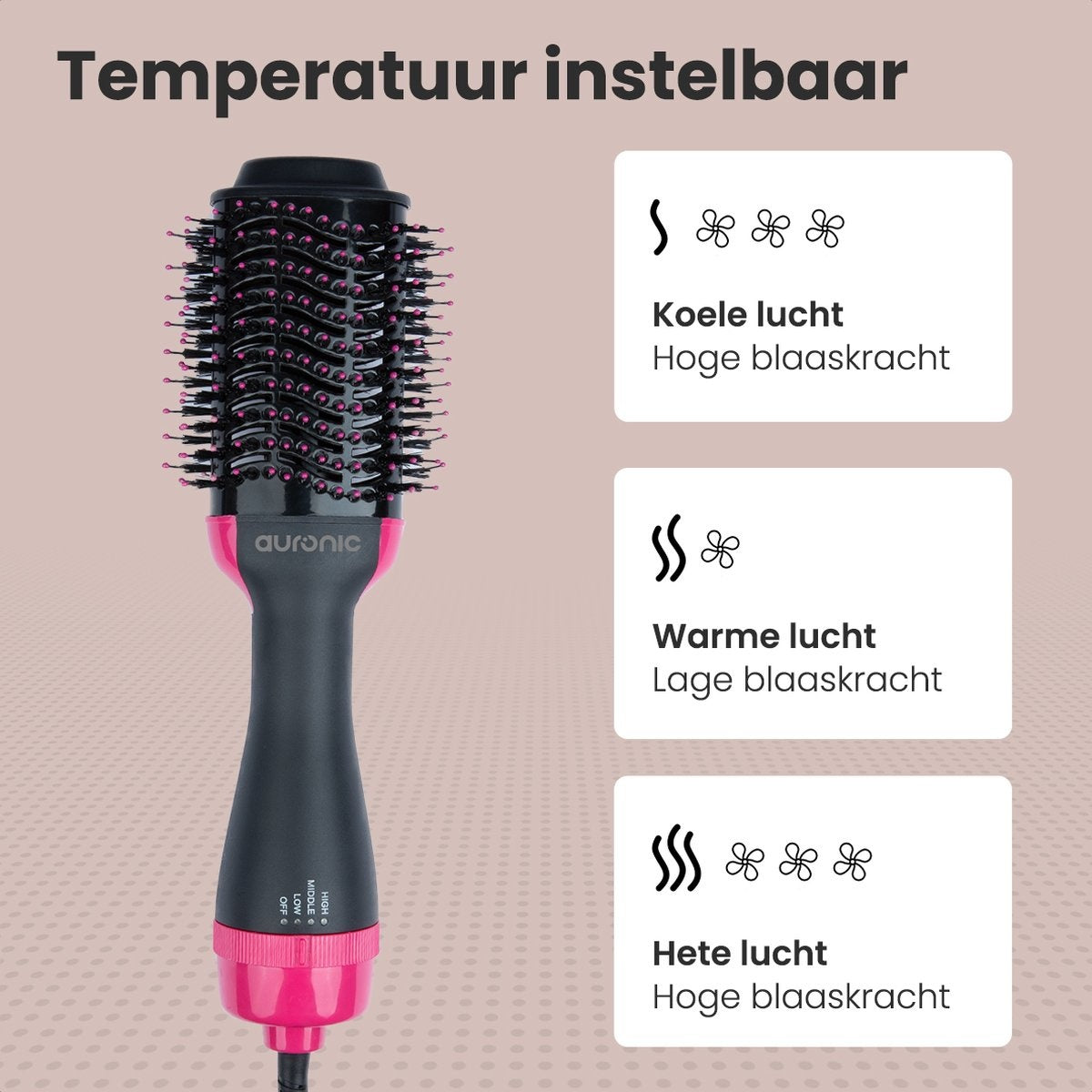 Auronic 3-in-1 Föhnborstel - Keramische Magic Brush - Airstyler - Lang/Stijl/Krullen - 1000W - Zwart/Roze