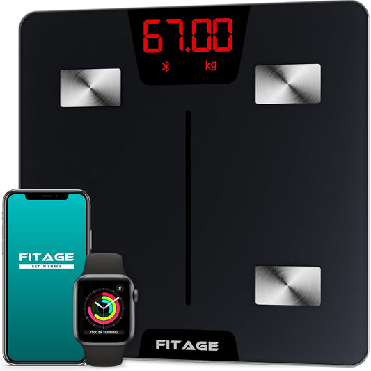Fitage Digitale Personenweegschaal Slimme Lichaamsanalyse – 17 Metingen – App Koppeling – 180 kg – 28 x 28 cm – Zwart