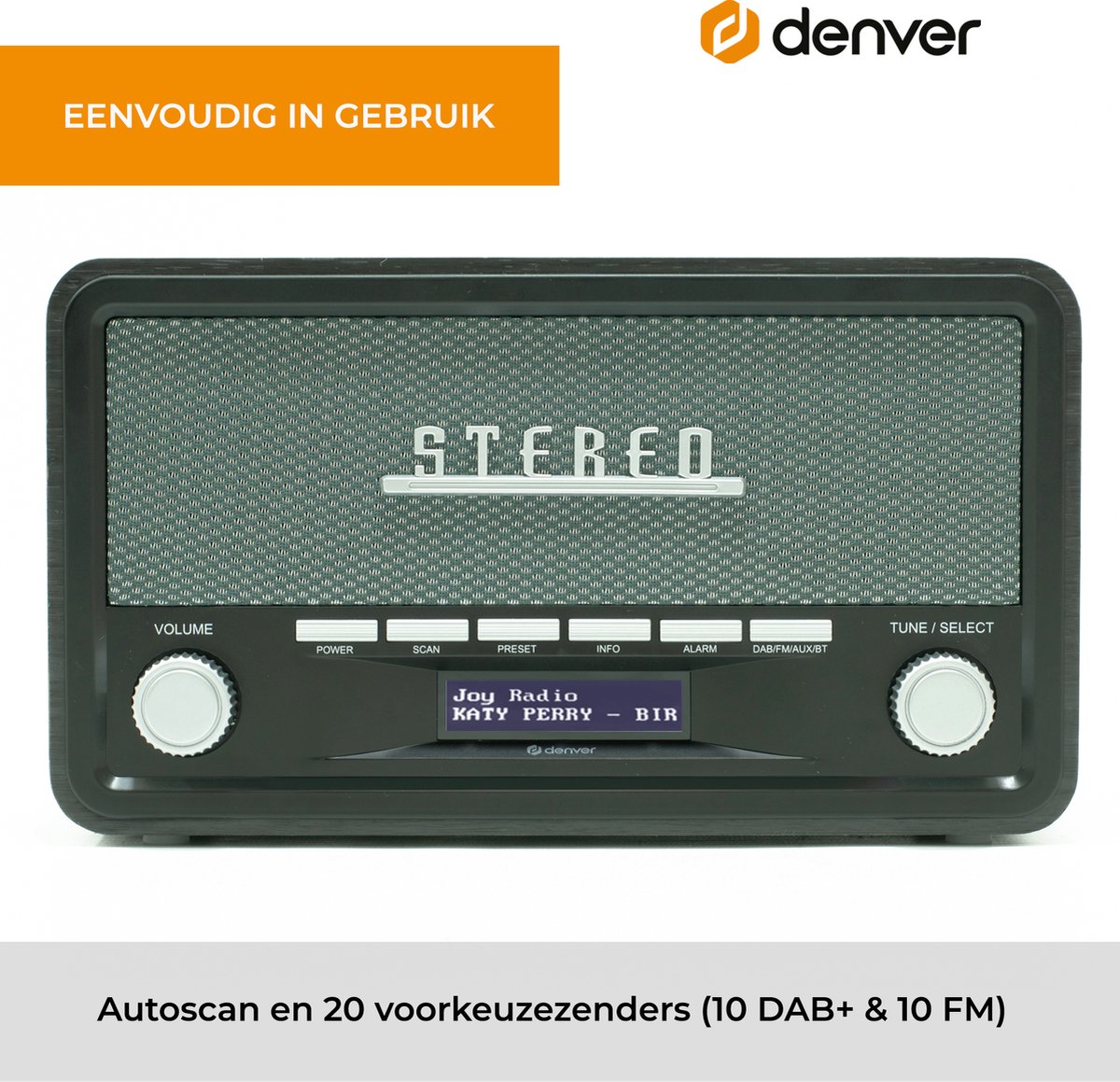 Denver DAB18DG DAB+/FM Retro Radio - Bluetooth - Dimbaar LCD - Hout - Donkergrijs - 14,8 x 26,1 x 11,3 cm