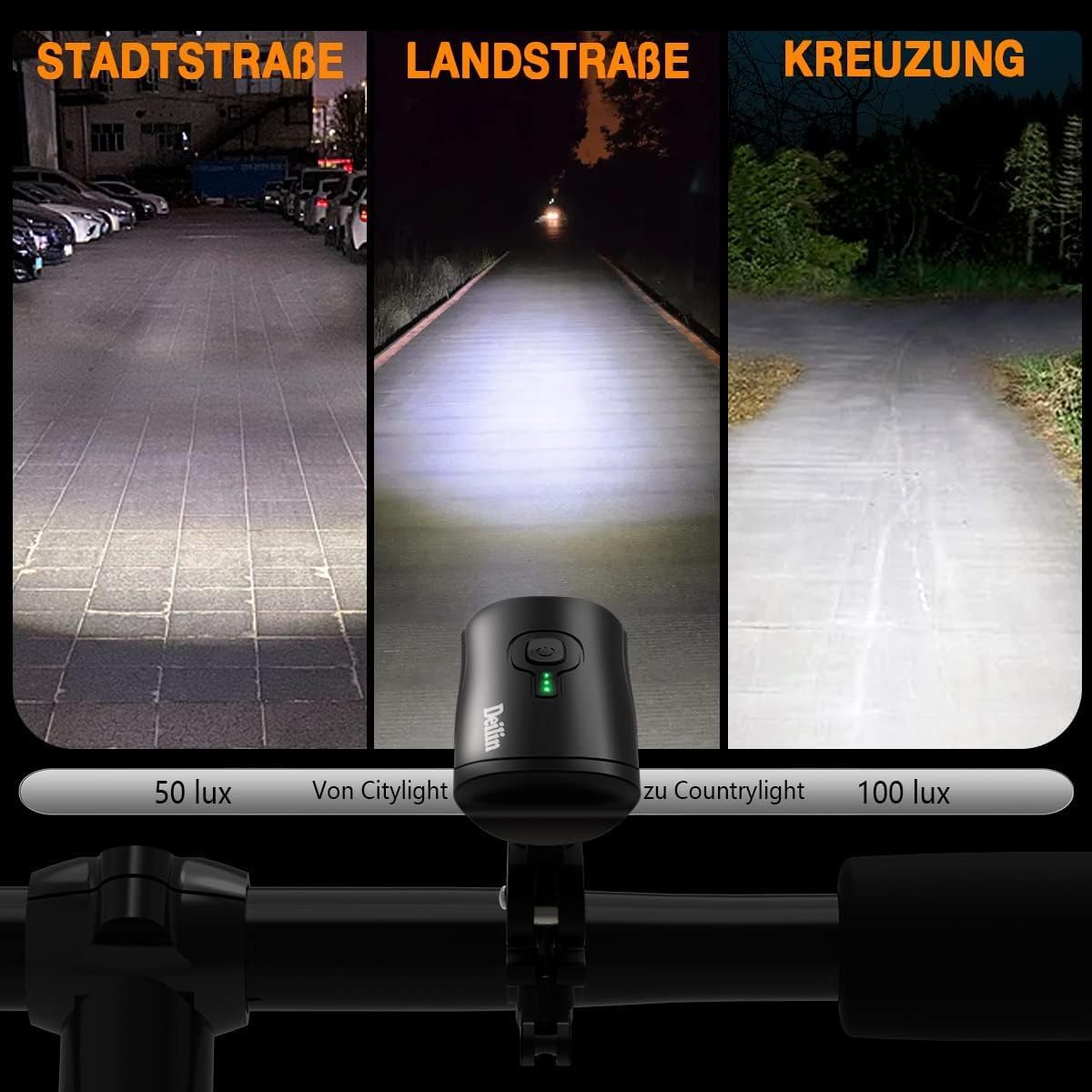 Deilin Fietsverlichting Set Premium – Voorzien Van Slimme Helderheidsregeling En Batterij-indicator En Ipx5 Waterdicht Frame – Voor Stuurmontage En Rijveiligheid – Zwart Polycarbonaat – 100 Lux