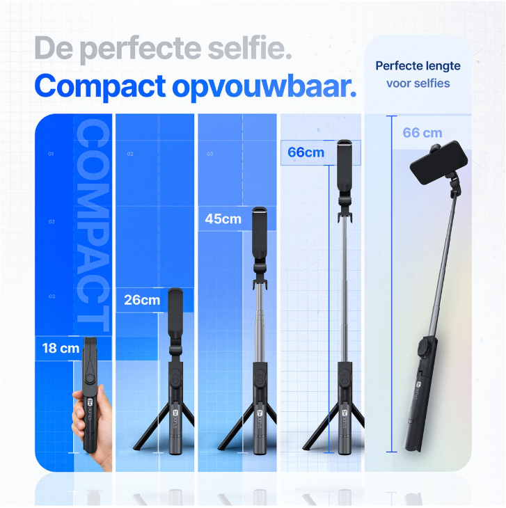 Studio ME Bluetooth Tripod Selfiestick – Afstandsbediening, Telefoonhouder En Kantelhoek – Voor Smartphone Foto En Video – Zwart Kunststof – 18 tot 66 cm