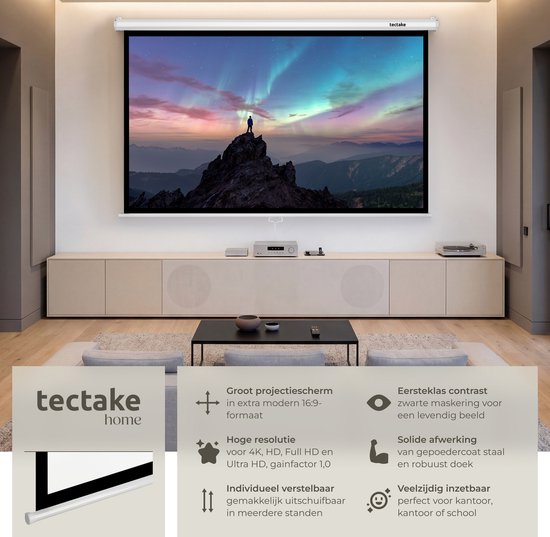 tectake® Beamer Scherm - 84 Inch (214 cm) - 16:9 Projectiescherm - Wand of Plafond Montage - 4K HD - Oprolbaar - Uittrekbaar - Projectiedoek - Presentatiescherm - Home Cinema - Inclusief Montagemateriaal