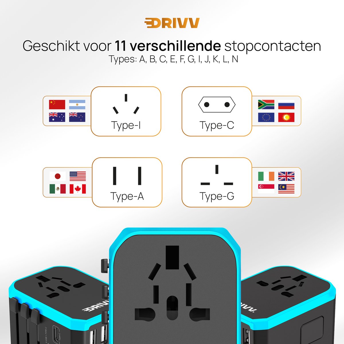 Drivv. Universele Wereldstekker - 4x USB & 1x USB C Fast Charge Travel Adapter - Reisstekker Amerika / Engeland / UK / Canada / Afrika/ Japan / Mexico / Thailand / Zuid Amerika - Type A, B, C, E, F, G, I, J, L, N - 150+ Landen - Reisadapter - Zwart