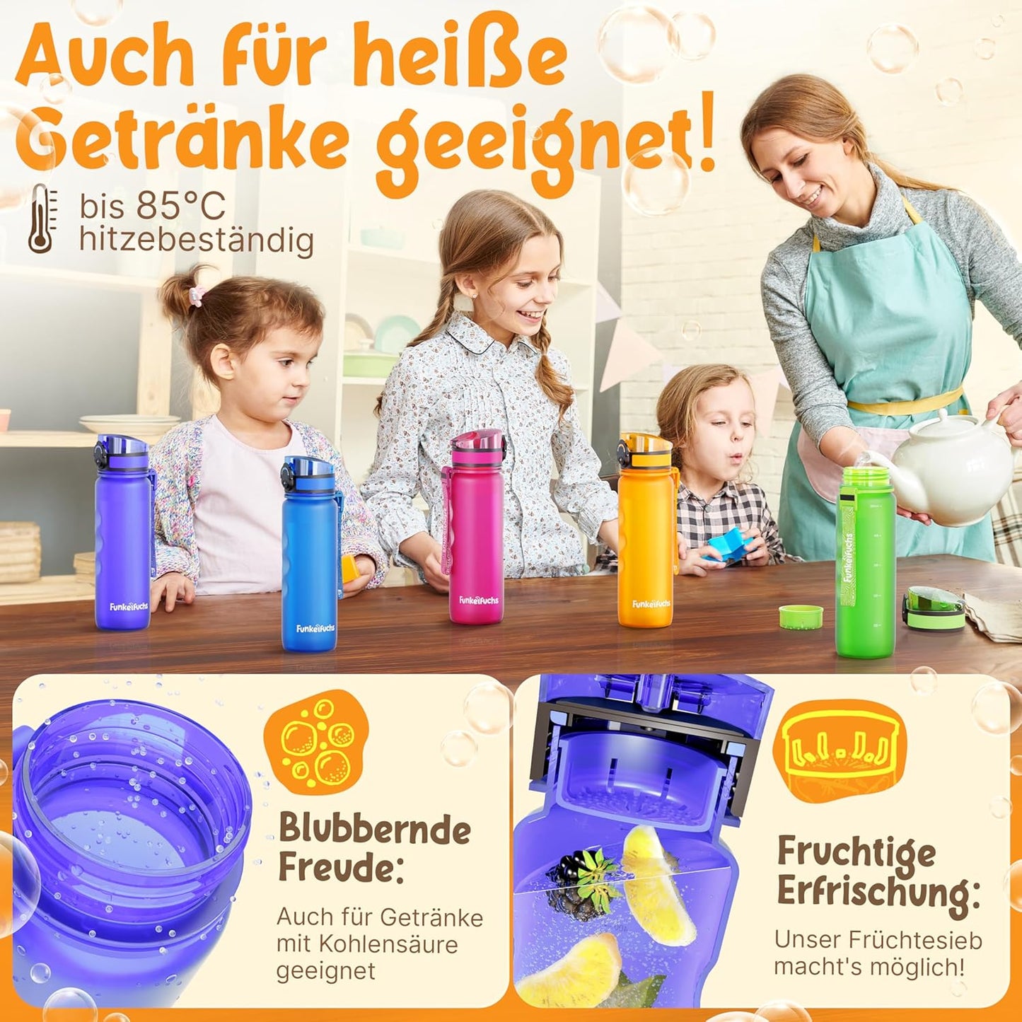 Funkelfuchs® Kinderdrinkfles 500ml – Paars – 100% Lekvrij & Koolzuurbestendig – BPA-vrij & Vaatwasserbestendig – Perfect voor School, Kleuters & Sport