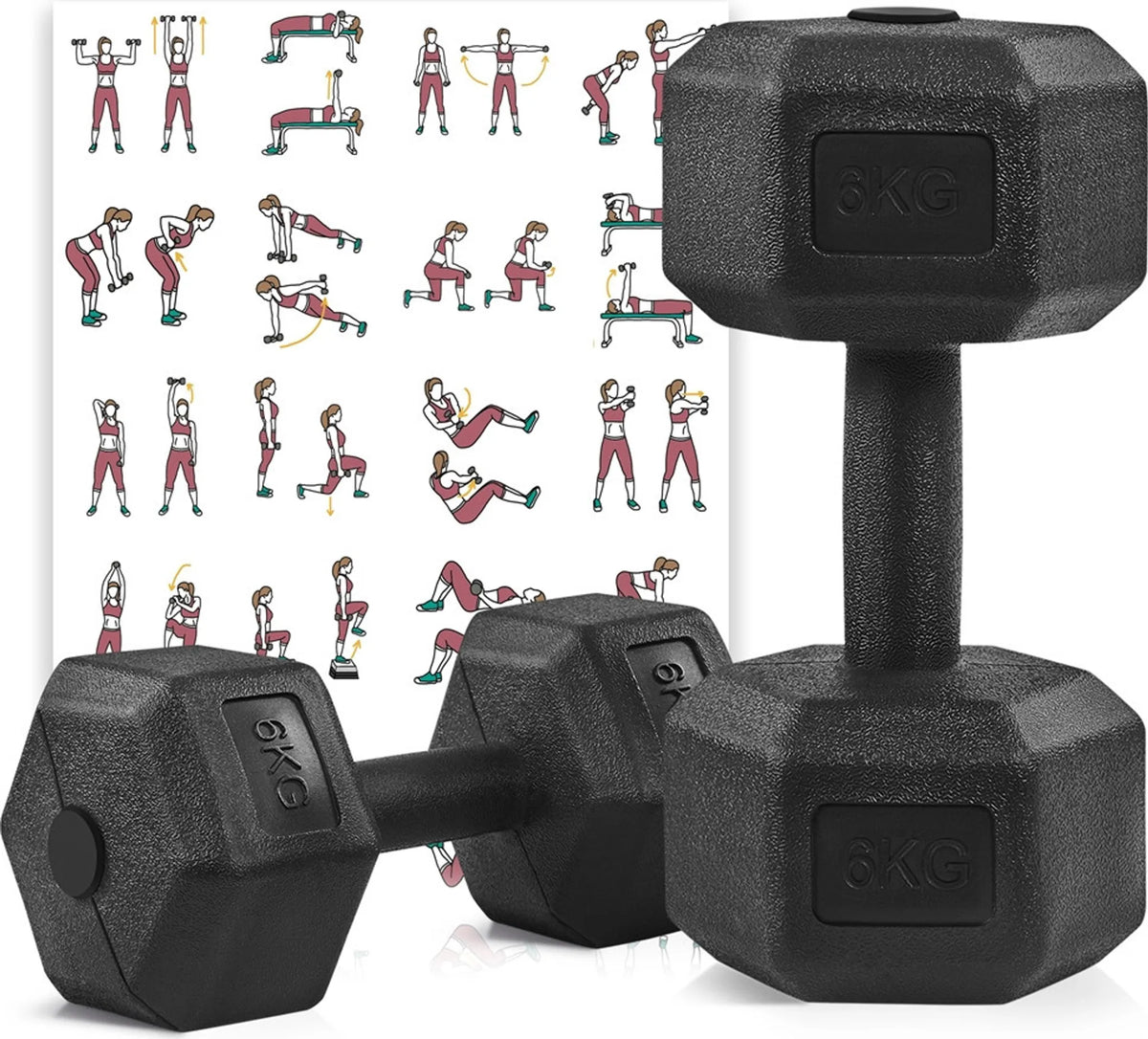 Yaheetech Halterset 2 Stuks – 12 kg – Voorzien Van Zeshoekig Anti-Rol Ontwerp En Vloerbeschermende Kunststof Coating En Ergonomische Handgreep – Voor Krachttraining En Cardio – Zwart Beton En Metaal – 31 x 15,5 x 14 cm