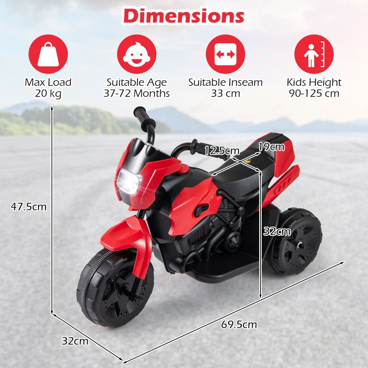 Coast Kindermotorfiets elektrisch - driewielig ontwerp - met led-koplamp - rood