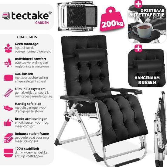 Tectake - Tuinligstoel - Opklapbaar - Tot 200 kg - 84 x 103 x 113 cm - Zwart
