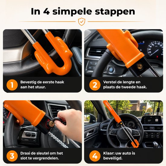 Vertrex Stuurslot Auto - Anti-Diefstal - Universeel voor Auto & Camper - Zichtbare Afschrikking - met 2 Sleutels