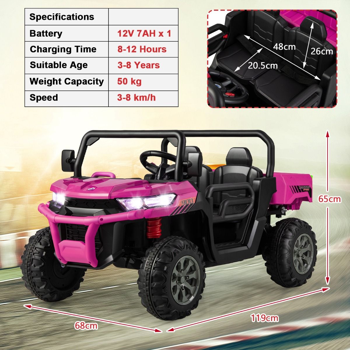 Coast Elektrische Kiepwagen voor Kinderen - 2 Zitplaatsen - Afstandsbediening - Roze