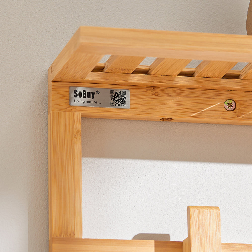 SoBuy FHK06-N Kapstok met Wandplank - 6 Haken - 90x12,5x16,5 cm - Bamboe