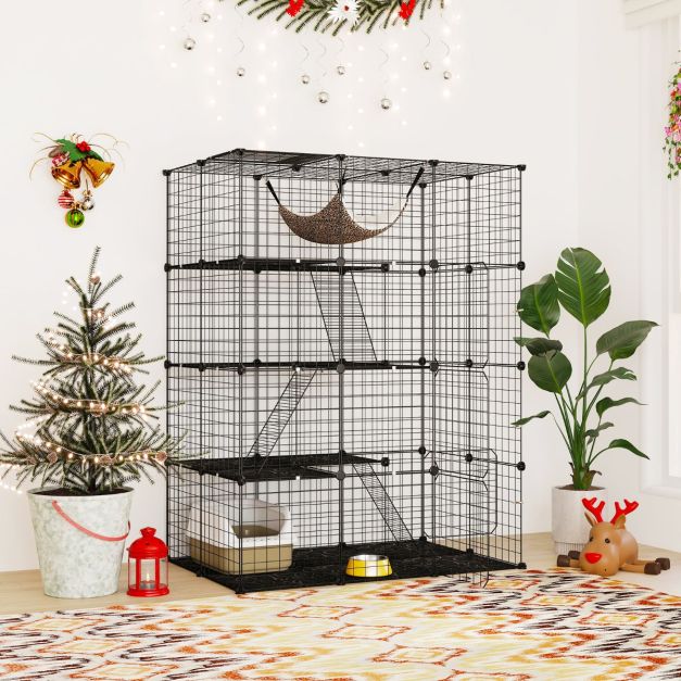 Ruime 4-laagse kattenkooi 143 cm hoog – Zwarte metalen draadkooi met hangmat, plateaus en ladders voor katten en kleine huisdieren