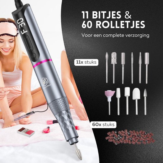 Beeperfect® Draadloze Elektrische Nagelvijl Pro Edition - Nagelfrees - Manicure en Pedicure set - Oplaadbaar - 11 Bitjes en 60 Schuurrolletjes - 30.000RPM