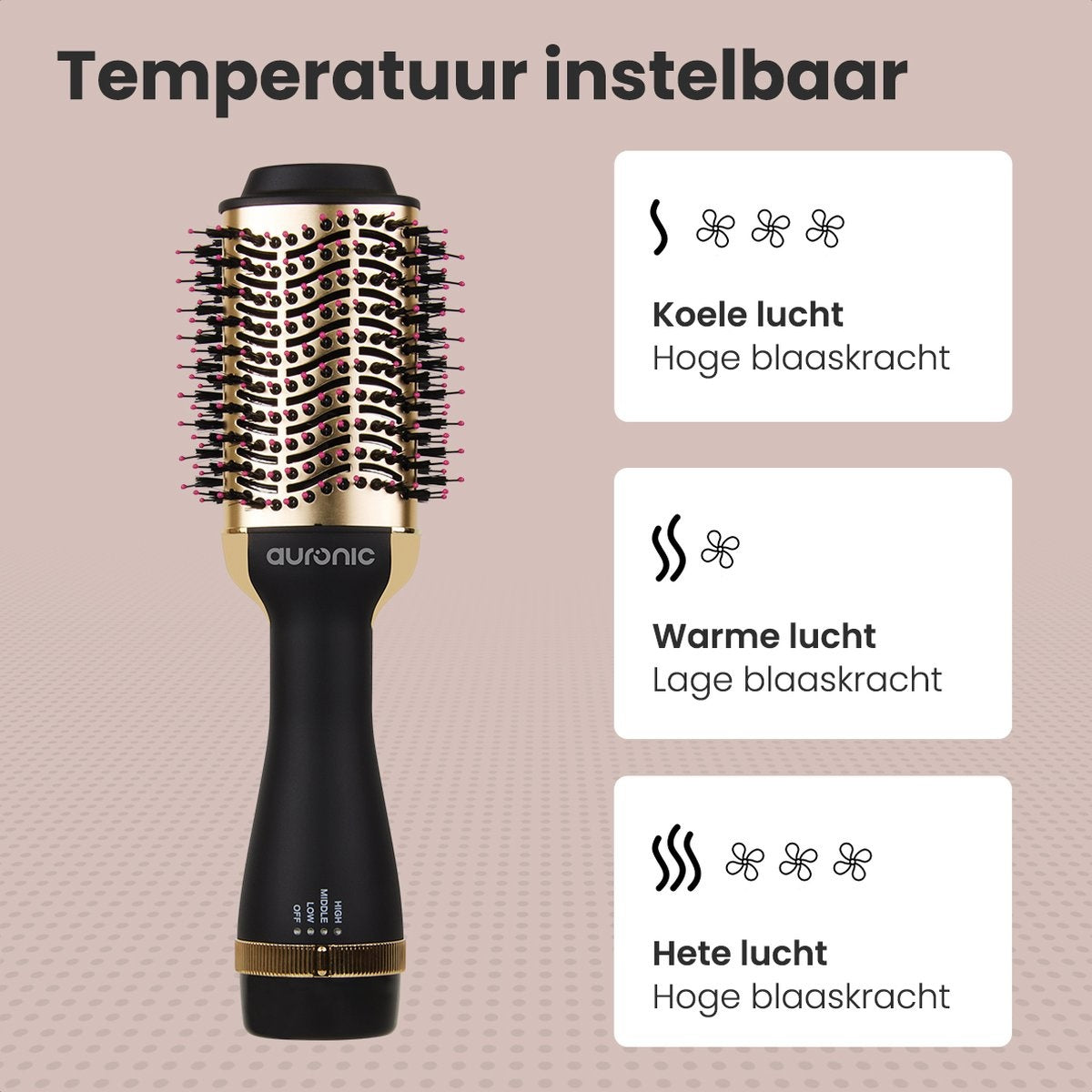 Auronic 3-in-1 Föhnborstel - Keramische Magic Brush - Airstyler - Lang/Stijl/Krullen - 1000W - Zwart/Goud