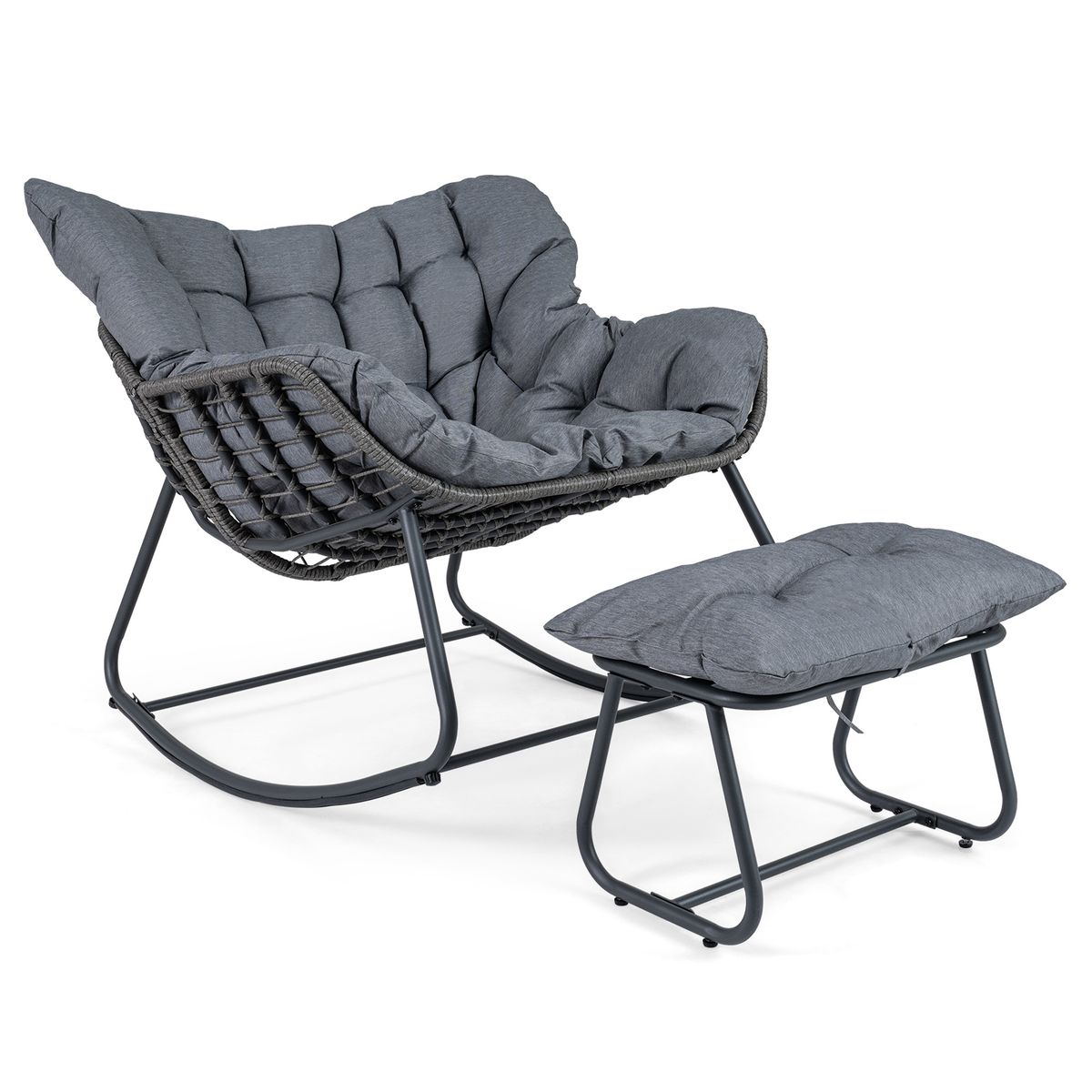 Coast Schommelstoel met voetenbank - ergonomisch ontwerp - PE-rattan en metalen frame - zwart/grijs/beige