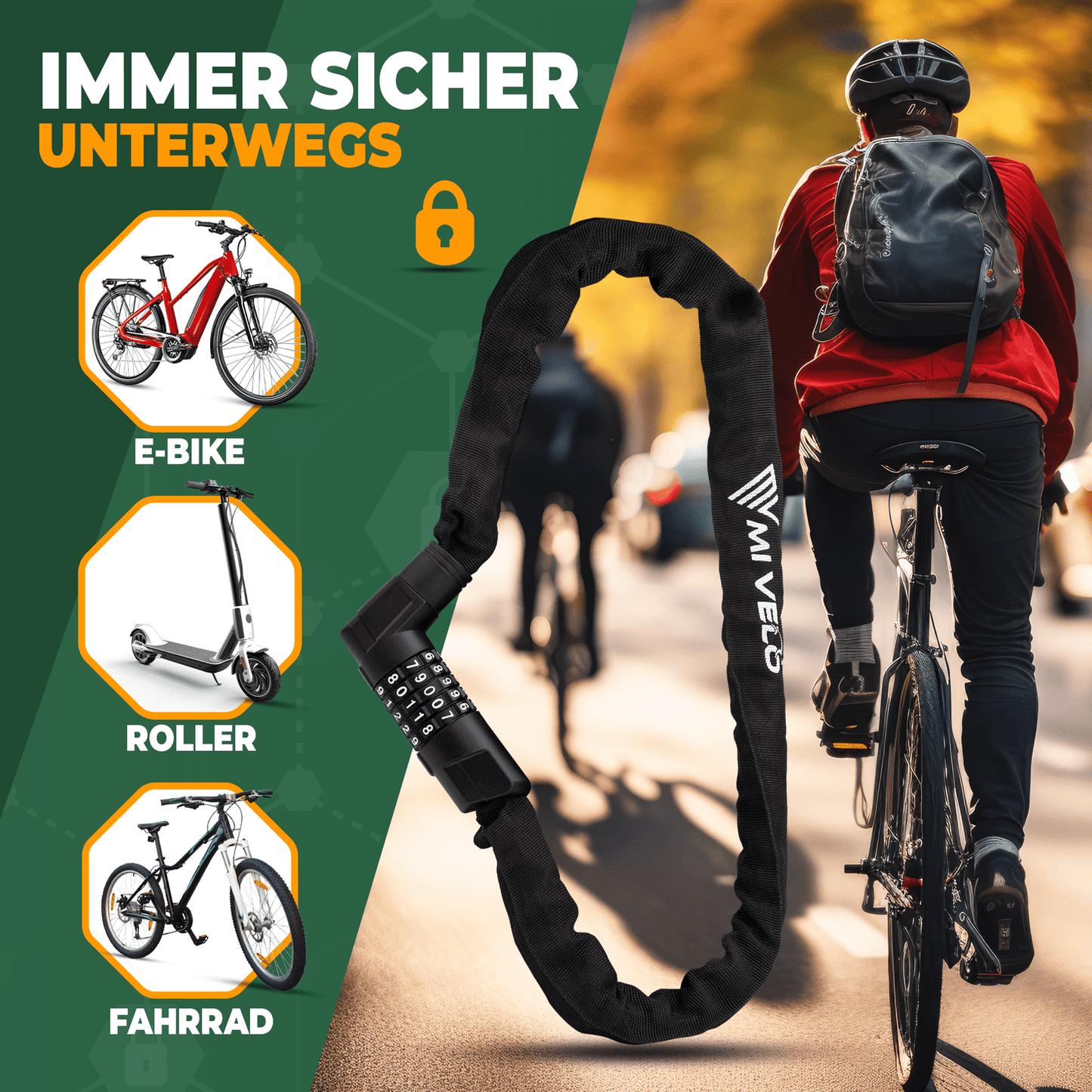 MIVELO Fietsketting met Cijferslot – 85 cm – Robuust Gehard Staal – Beschermend Nylon – Zwart