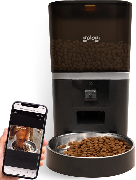 Gologi Automatische Voerbak Eva - Voice Recorder - Camera - Voerautomaat hond - Voerautomaat dispenser kat - Brokgrootte 3 tot 15 mm - Inhoud 6L - Zwart