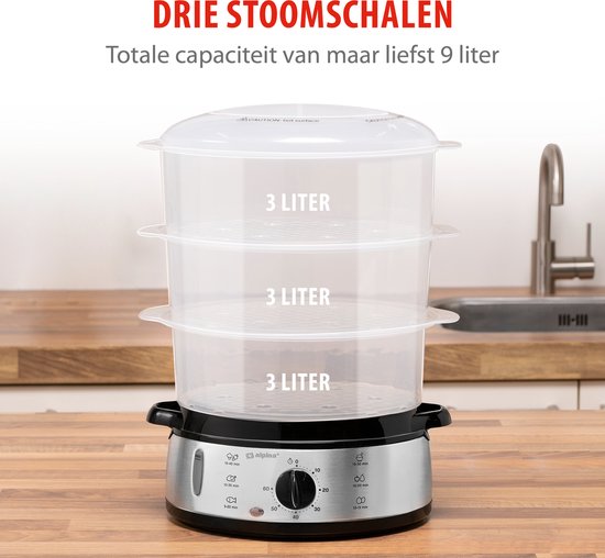alpina Stoomkoker 9L - Stomer 800W - Voedselstomer met Timer en Warmhoudfunctie - Groente Stomer met 3 Lagen - Steamer voor Groente, Rijst, Kip, Fruit, Vis en Eieren - RVS