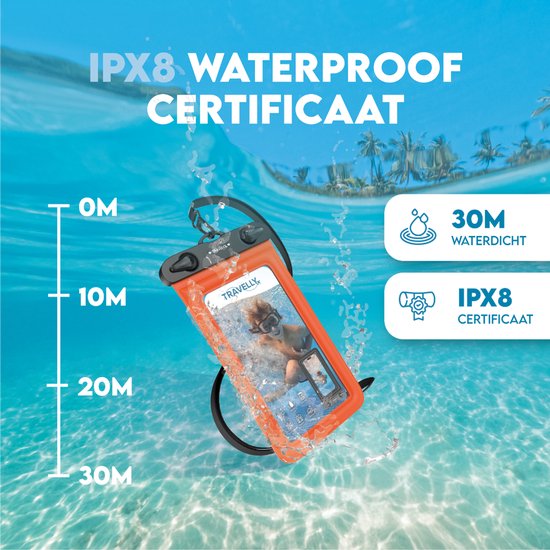 Travelly ® – Waterdicht Telefoonhoesje Set van 2 – Universeel Onderwater Hoesje voor Smartphone – Geschikt voor alle telefoons – Drybag – Voor Vakantie, Zwemmen & Watersport – Zwart/Oranje