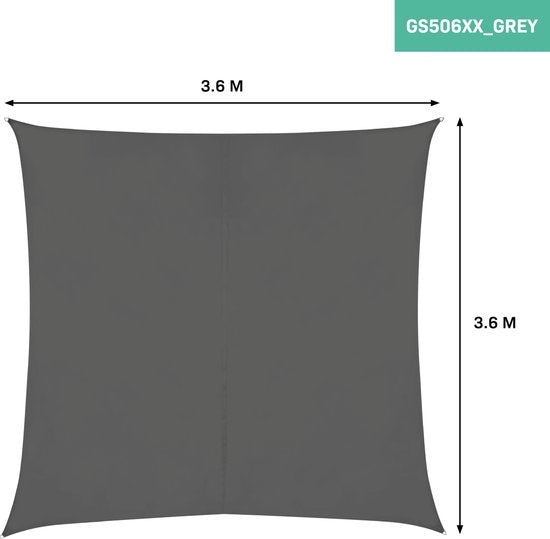 VONROC Premium Schaduwdoek - Vierkant - 360x360 cm – Waterafstotend - Grijs – Incl. Opbergtas en bevestigingskoord