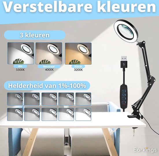 Earkings Loeplamp Vergrootglas met Verlichting - Loeplamp met LED Verlichting inclusief Tafelklem en 3 Lichtkleuren - Loep Vergroot 3x tot 10x en is 360 Graden draaibaar Wit