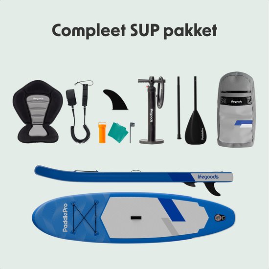 LifeGoods SUP Board Allround Compact - met Zitje - 100 KG Draagkracht - 300 x 76 cm - Opblaasbaar - Compleet SUP pakket - Blauw