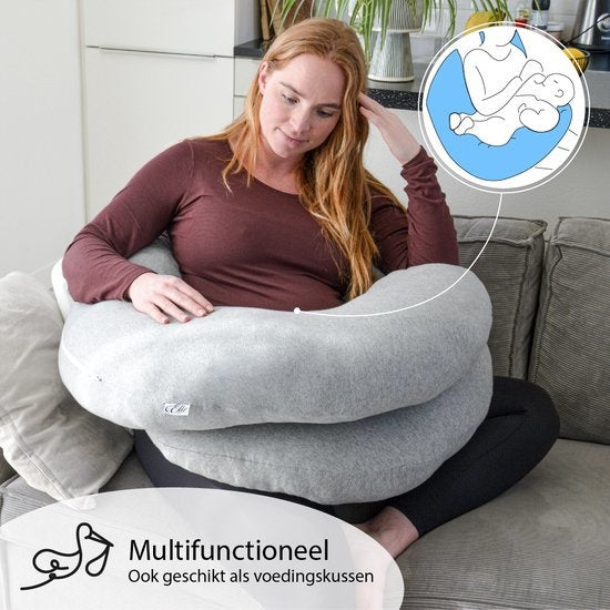 EL-Life Zwangerschapskussen XXL C-vorm - Zijslaapkussen - Lichaamskussen - Voedingskussen - Body Pillow - 150x70cm - Afneembare Jersey Katoenen Hoes, Lichtgrijs