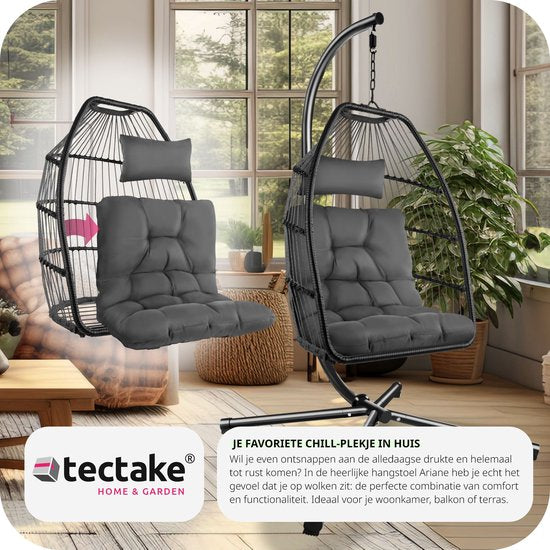 tectake® - Luxe hangstoel - opvouwbare en draaibare egg chair met standaard - dikke kussens - antislipvoeten - inclusief beschermhoes. Ideaal voor tuin, terras, slaapkamer - donkergrijs