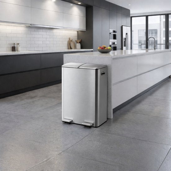 Bayt Prullenbak - Prullenbak 60 Liter (2x30) - Vuilnisbak 60 Liter - Pedaalemmer 60 Liter - Prullenbak Afvalscheiding - Prullenbak 2 Vakken - Afvalbak - RVS - Zilver