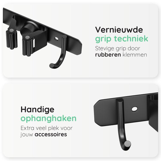 Volcan Bezemhouder - Bezem Ophangsysteem Tuingereedschap - Gereedschapshouder - 3M Tape - 5 Houders 6 Haken - RVS Zwart