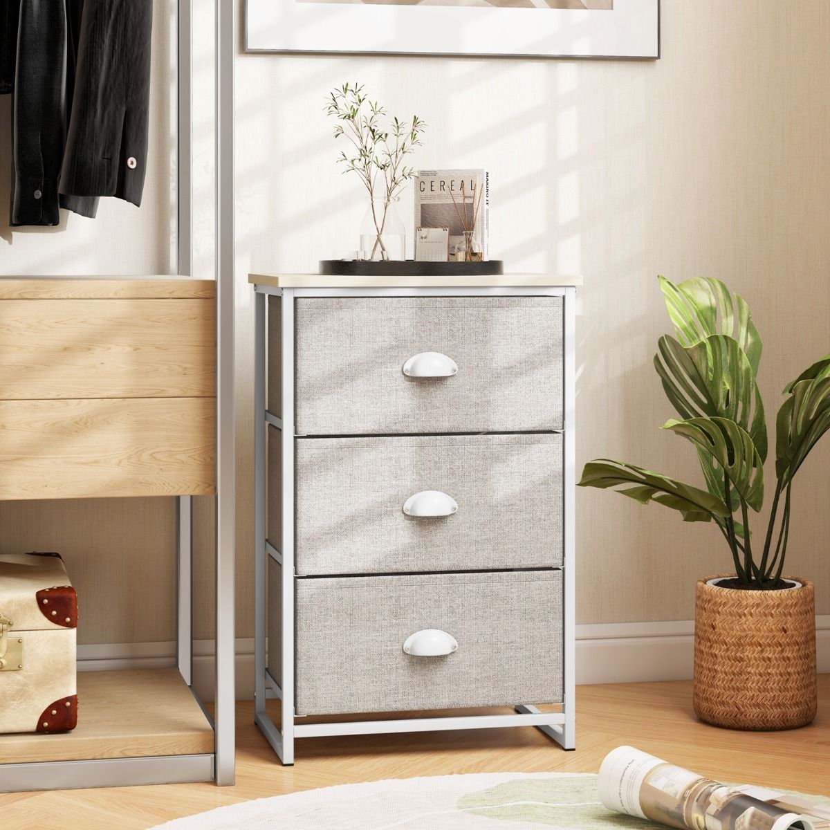 Coast Ladekast met 3 lades - Opbergmeubel met inklapbare lades - Metalen frame - Wit en lichtgrijs