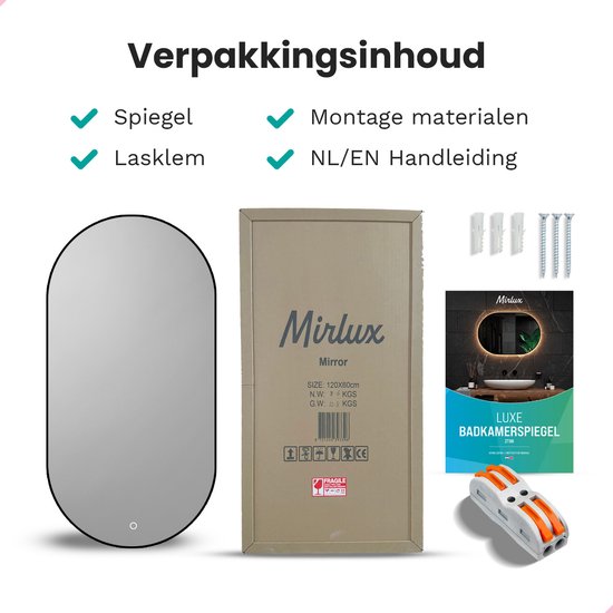 Mirlux Badkamerspiegel - LED Verlichting - Verwarming – Wandspiegel Ovaal – Zwart Frame - 120x60CM