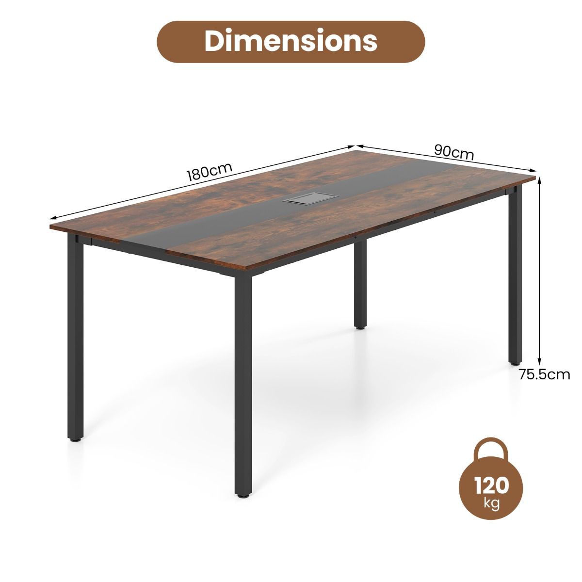 Coast vergadertafel - rechthoekig - kabelbeheer - rustiek hout en zwart - 180 x 90 cm