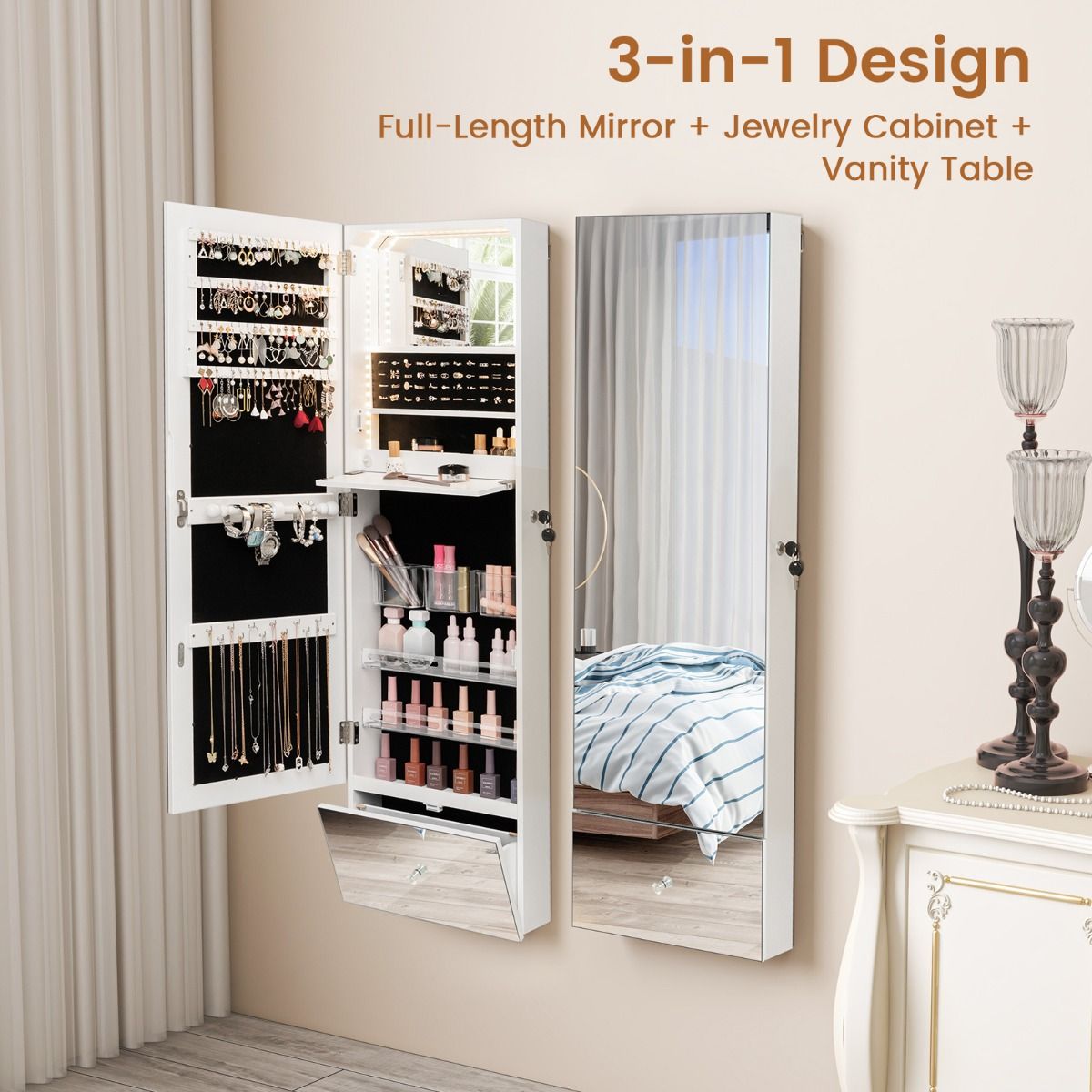 Coast Sieradenkastje - met Spiegel - LED verlichting - 120 x 37 x 11 cm - Wit