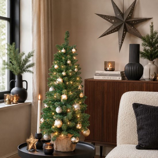 Black Box Trees Gerlos Kunstkerstboom met Verlichting - Kunstboom H90 x D41 cm - Kunst Kerstboom in Jute Zak - Kerstdecoratie voor Binnen - 108 Tips - Groen