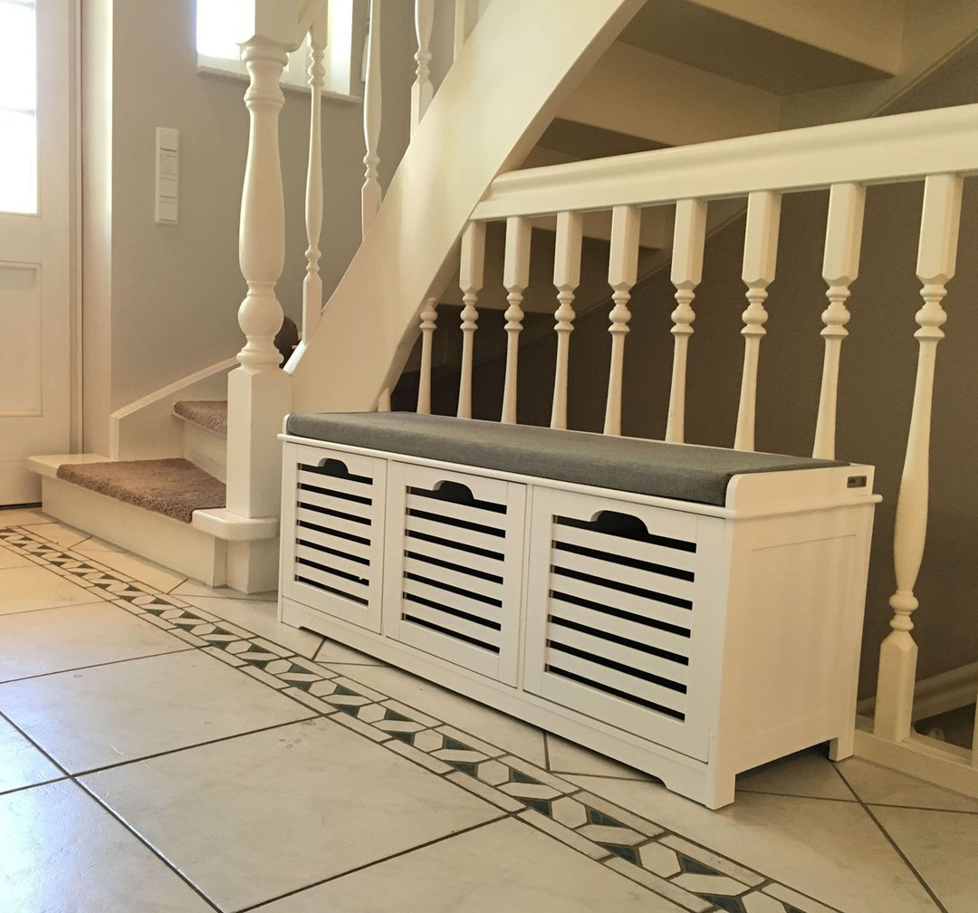 SoBuy Schoenenkast met gestoffeerd zitvlak - 3 Manden  -Landelijk - Max. 120 kg -105 x 35 x 43 cm - Wit / Grijs