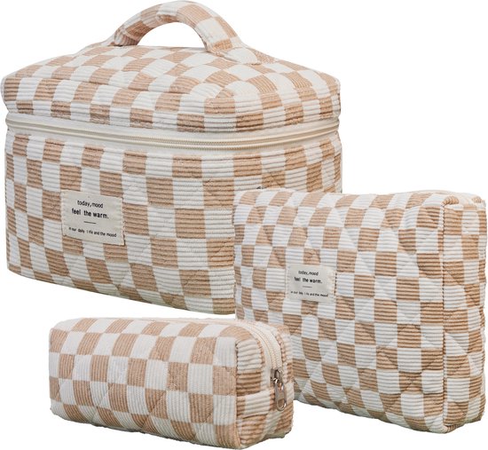 SC Travel Essentials - 3-delige Make-up Tas Set - Eco-vriendelijk Katoen - Gewatteerde Gebloemde Organizers - Ruim, Duurzaam en Ideaal voor Reizen