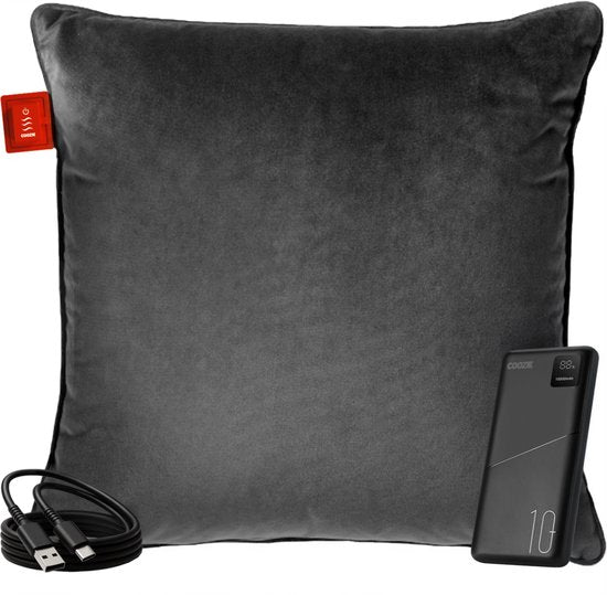 Coozie Oplaadbaar Warmtekussen – Draadloos & Bedraad – 45–65°C – Velvet – 45 x 45 cm – Antracietgrijs – Elektrisch Kussen – Incl. Powerbank – Tot 8 uur warmte