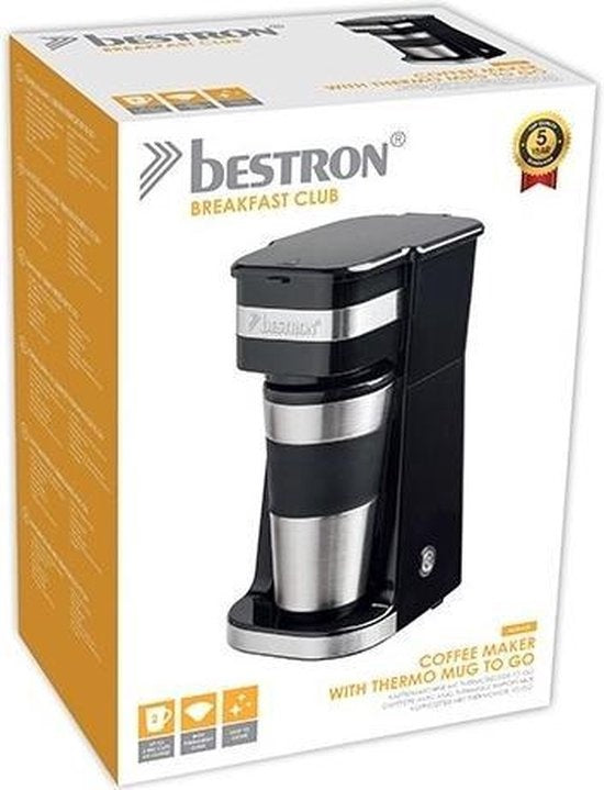 Bestron Koffiezetapparaat met thermosbeker, voor gemalen filterkoffie & ideal voor camping, 2 grote koppen, 750 Watt, rvs, Kleur: silver/zwart