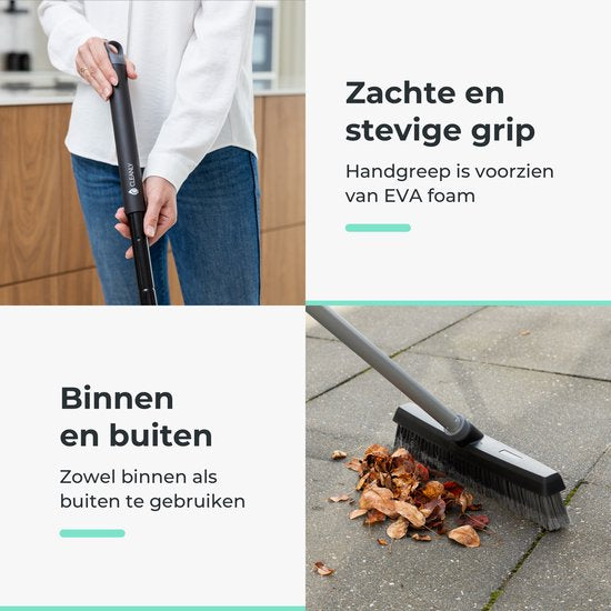 CLEANLY Bezem Binnen en Buiten met Telescopische Steel 115-142 cm - Borstel met Steel - Straatbezem - Kamerveger - Zaalveger - Zachte Bezem - Binnen Bezem - Breedte 35 cm - Zwart, Grijs