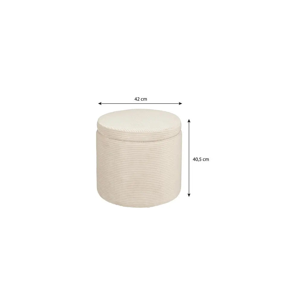 Mica Decorations Ronde Opbergpoef met Deksel - Ø 42 x 40,5 cm - Polyester met Houten Frame - Off-white