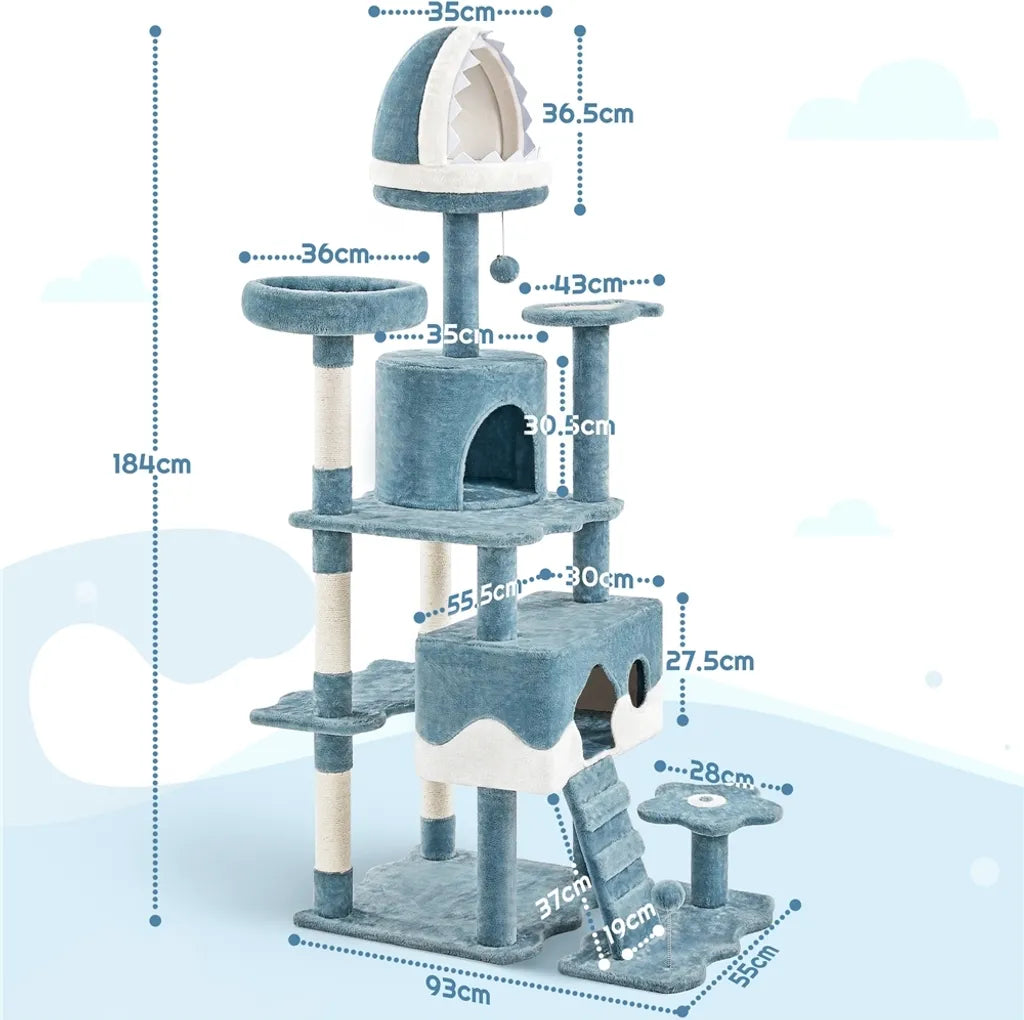 Yaheetech Oceaan Kattenboom 93 x 55 x 184 cm - Blauw/Wit - Krabpaal met Kattenhuizen en Sisalpalen