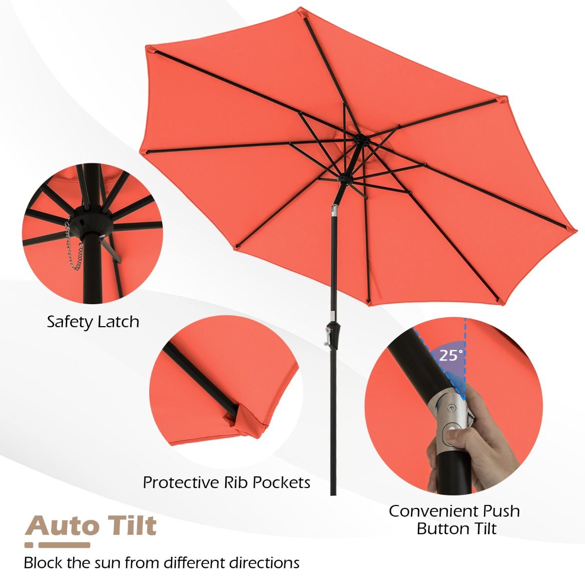 Coast 303x253 cm Terrasparasol Oranje – Kantelbare Parasol met Zwengel en 8 Baleinen voor Tuin, Terras en Zwembad