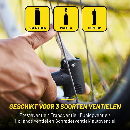 Dunlop Fietspomp met Drukmeter en Ventiel Adapter Set - Vloerpomp 180 PSI - Geschikt voor Presta Dunlop Schrader - Verloopnippels voor Fiets Auto Bal - Inclusief Opbergdoos