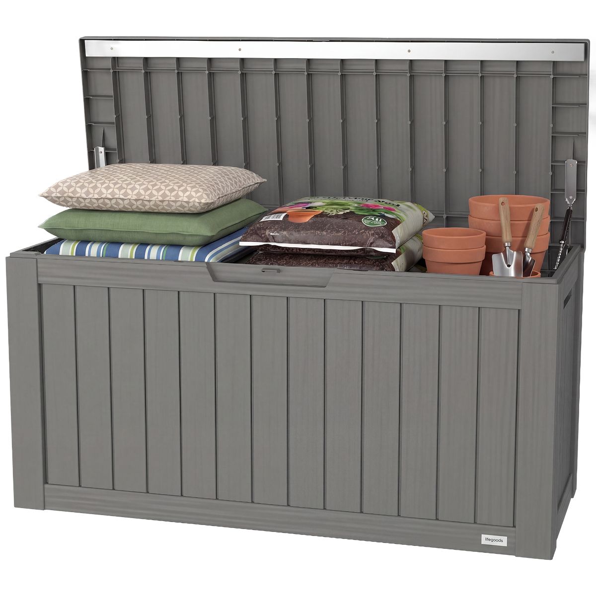 LifeGoods – Kussenbox S Opbergbox – 117.5 x 47.5 x 59 cm – Voorzien Van 300L Inhoud En Luxe Gasveer En Verstevigd Frame – Voor Tuin En Terras – Grijs Kunststof