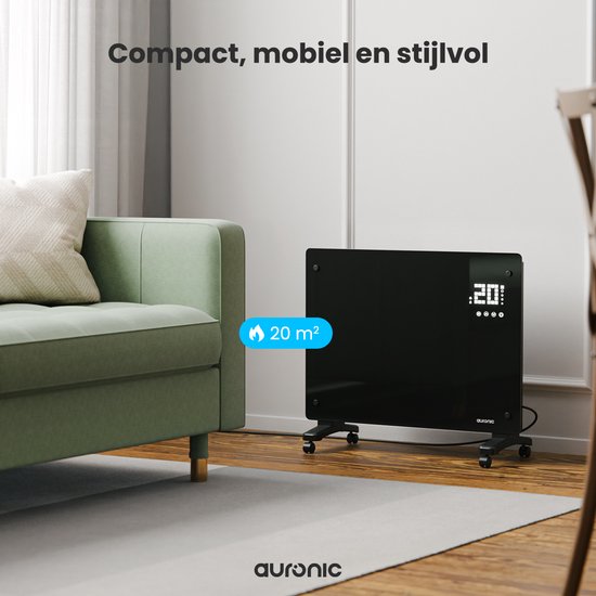 Auronic Elektrische Kachel – Convectorkachel met Thermostaat en Afstandsbediening - Glazen Paneelverwarming - 1500W Heater - Zwart