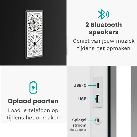 Mirlux Hollywood Spiegel 80x60CM - 2 Bluetooth Speakers - USB & USB-C Oplaadporten - LED Verlichting - Make Up Spiegel - 10x Zoom - Ophangbaar - Wit
