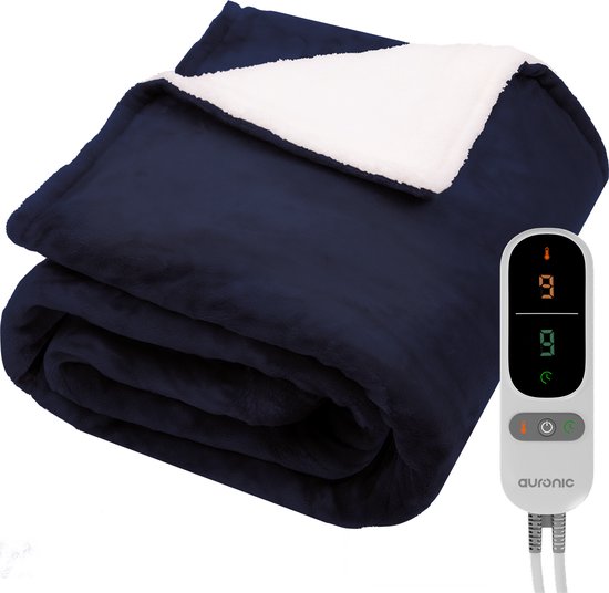 Auronic Elektrische Deken - Warmtedeken - Sherpa Fleece - 9 Hitte en Timerstanden - Bovendeken - 200x180 - 2 persoons - Blauw