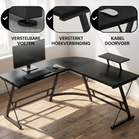 Bayt Hoekbureau - Bureau - Game Bureau - Gaming bureau - L vormig bureau - Computertafel - Zwart - 129 x 129 x 74 cm
