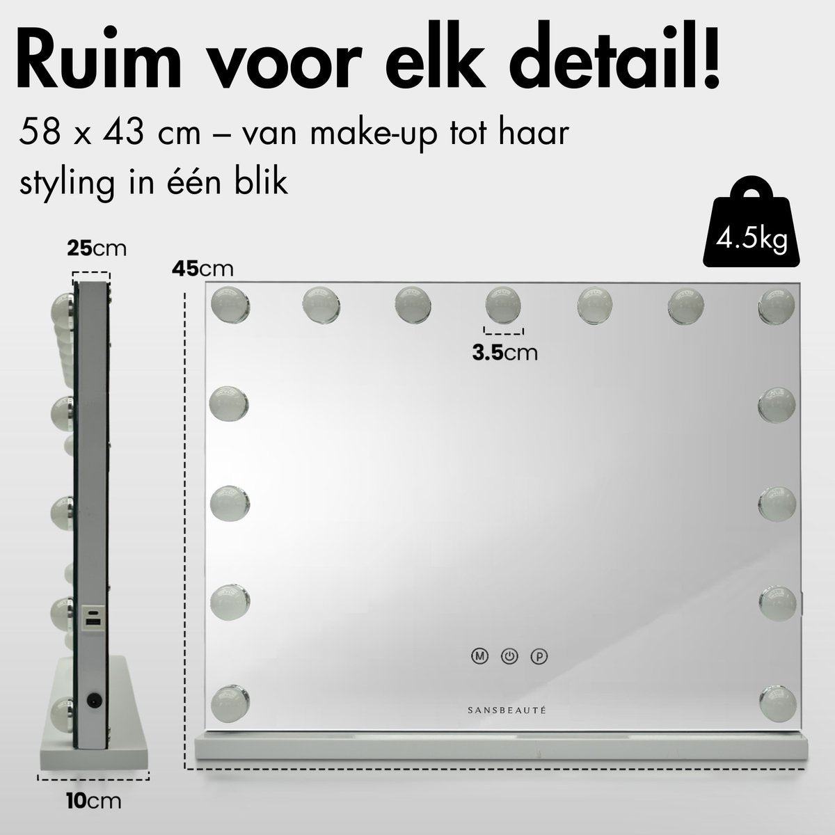 Sansbeauté® Hollywood Spiegel 58x43 cm - Make-up Spiegel - 15 LED Lampen - 10x Vergroting - Dimbaar - USB Oplaadpoort - Touch Control - Zwart